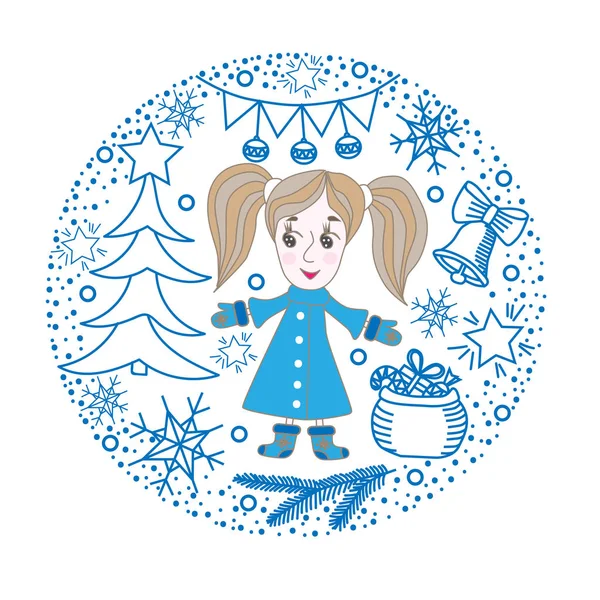 Winter greeting card with girl, gift, ball and other element in — Stock Vector