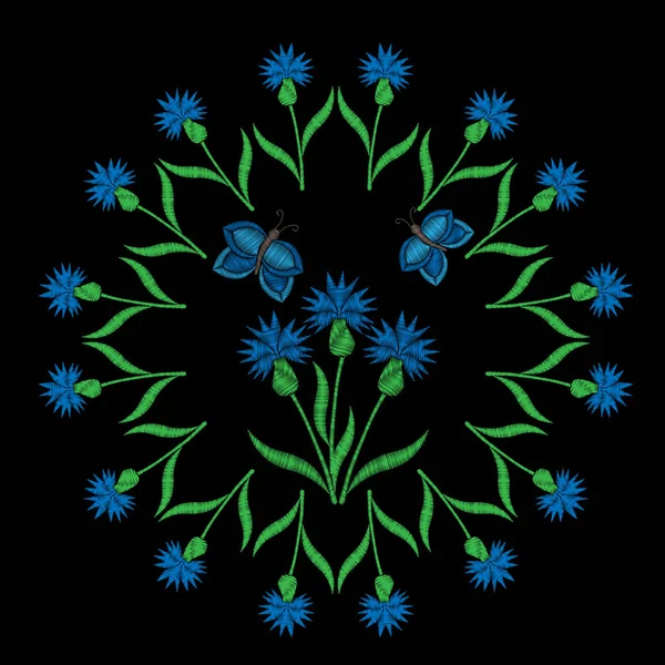 Bunga biru dengan kupu-kupu jahitan bordir meniru pada - Stok Vektor