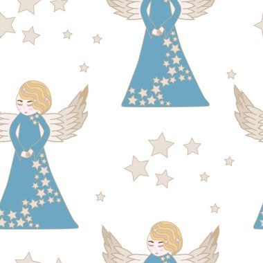 Yıldız ile mavi elbiseli şirin melek ile Seamless Modeli 