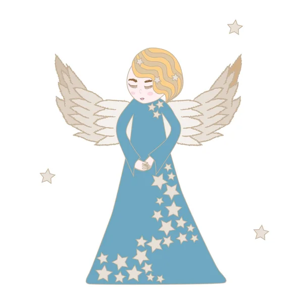 Χαριτωμένο Άγγελος στο μπλε φόρεμα με αστέρι που απομονώνονται σε το λευκό backgro — Διανυσματικό Αρχείο