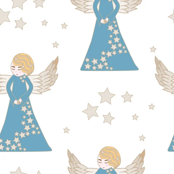 Seamless pattern with cute angel in blue dress with star — Stock Vector