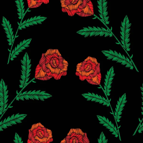 Patrón sin costuras con puntadas de bordado imitación rosas rojas — Archivo Imágenes Vectoriales