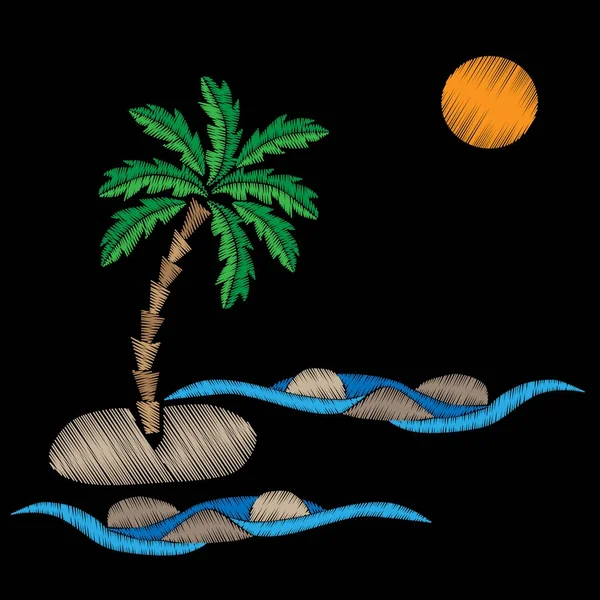 Пальмовое дерево с вышивкой волнами и солнцем — стоковый вектор