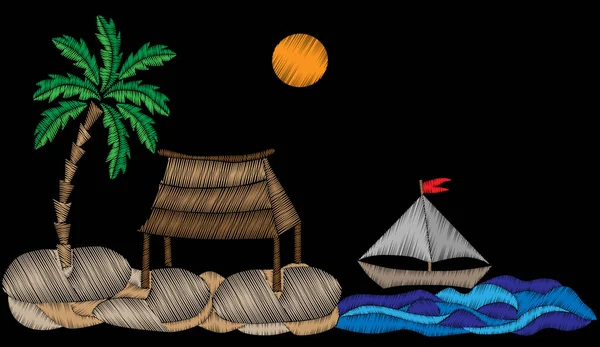 Palmeira com casa exótica, barco, água e sol bordado stit — Vetor de Stock