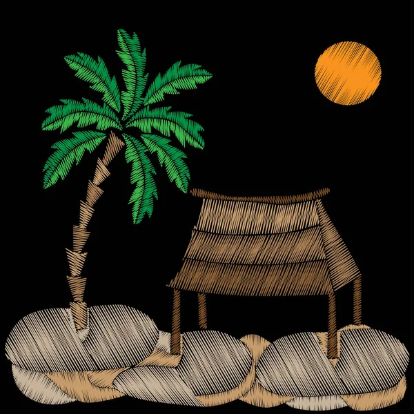 Palmera con casa exótica y puntadas de bordado de sol imitatio — Vector de stock