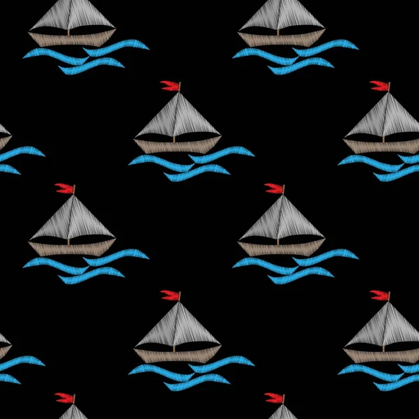 Wzór z Mała łódka z blue wave haft stit — Wektor stockowy