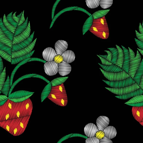 Pola mulus dengan strawberry dan jahitan bordir bunga - Stok Vektor