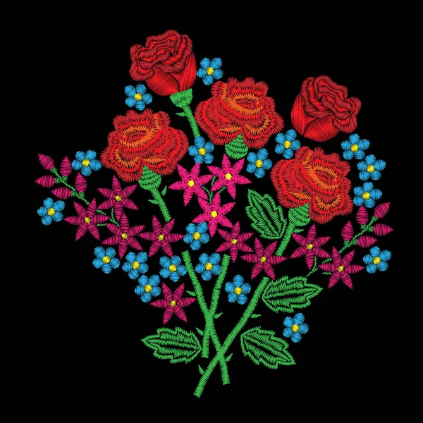 Stickerei Stil rote Rose und andere Blumen Stiche Nachahmung — Stockvektor