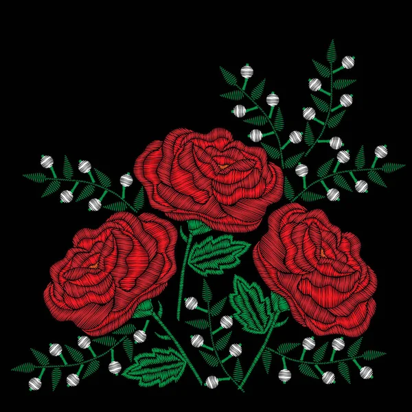 Stickerei Stil rote Rose und weiße Blumen Stiche Nachahmung — Stockvektor