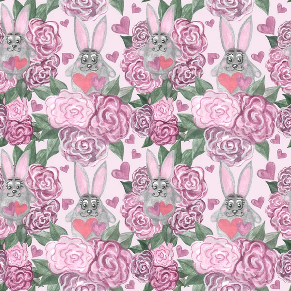 Hand paint watercolor seamless pattern with cute grey bunny in t