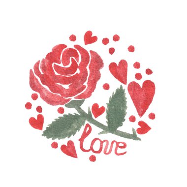 Kırmızı gül, kalp, sevgi ve nokta metin ile suluboya tebrik kartı