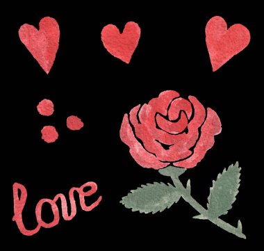 Kırmızı gül, kalp, sevgi ve nokta metin ile suluboya tebrik kartı