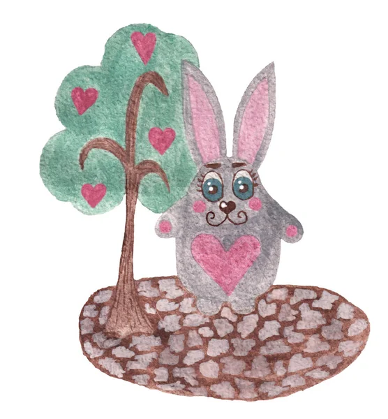 Ruční Malování akvarelu roztomilý šedý zajíček s strom lásky — Stock fotografie