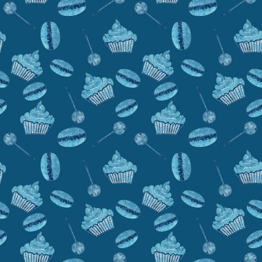 Bademli kurabiye, pasta ve şeker ile sulu boya Dikişsiz desen. Suluboya gıda arka plan tatlı ile.