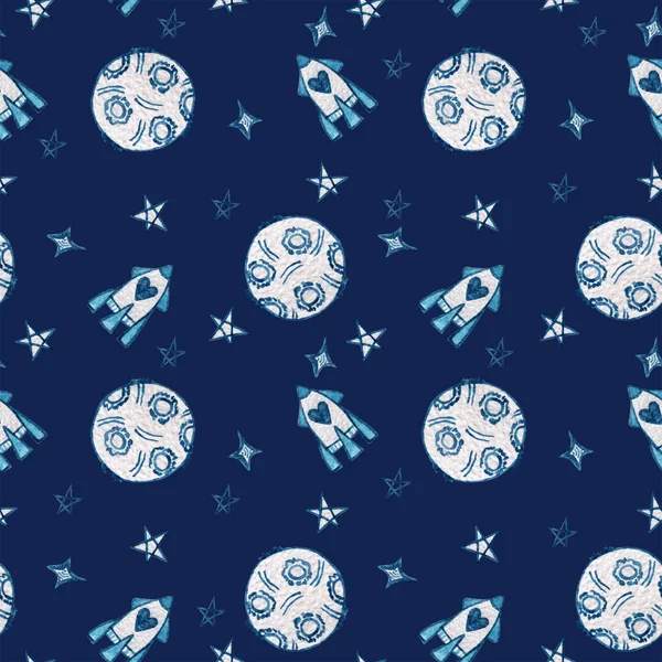 Watercolor seamless pattern with moon, rocket and star. Watercolor seamless background with space elements.