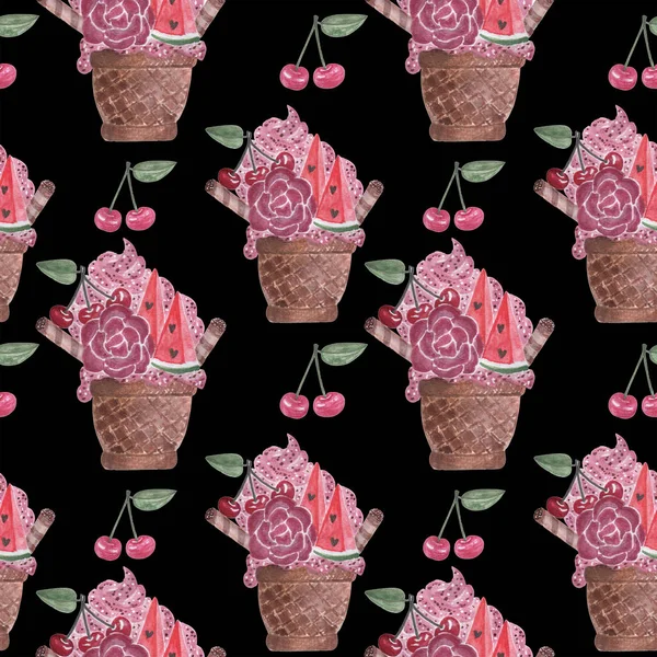 Wzór z akwarela lody z róży kwiat, wat — Zdjęcie stockowe