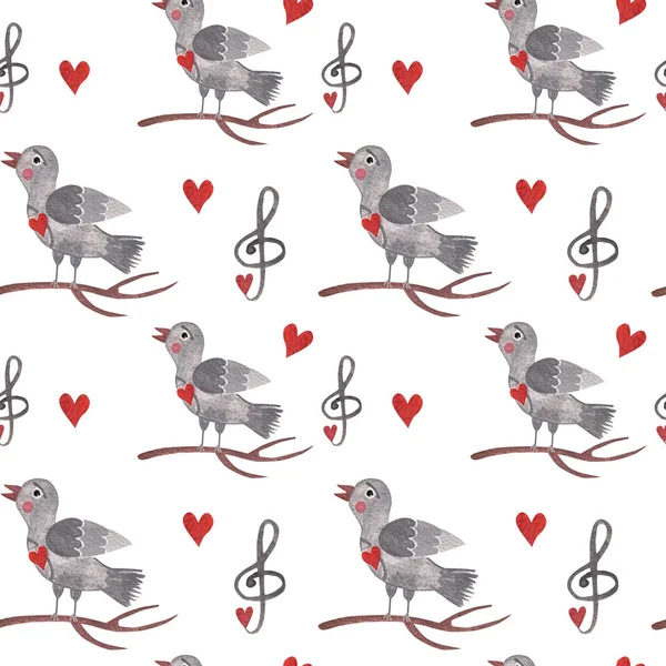 Seamless pattern with watercolor bird on branch with heart and m