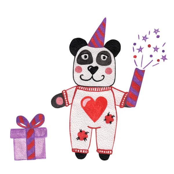 Panda con ilustración de acuarela de regalo aislado sobre fondo blanco — Foto de Stock