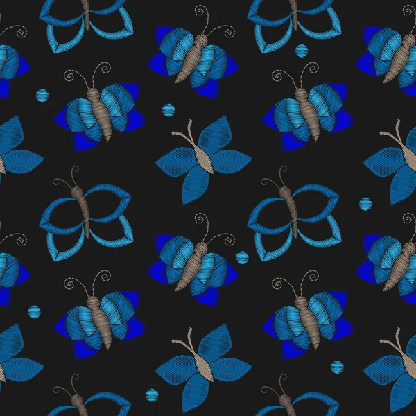 Broderie coutures imitation motif sans couture avec papillon sur — Image vectorielle