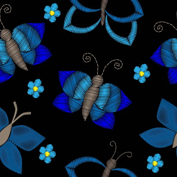 Broderie coutures imitation motif sans couture avec papillon sur — Image vectorielle