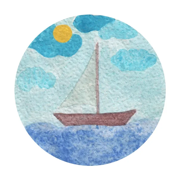 Illustrazione ad acquerello di una barca su un'onda con sole e nuvola — Foto Stock