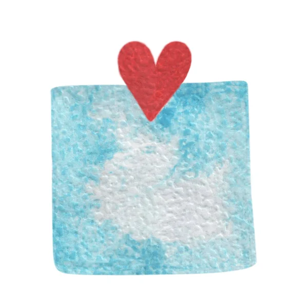 Hand verf aquarel blauwe sticker met rood hart — Stockfoto