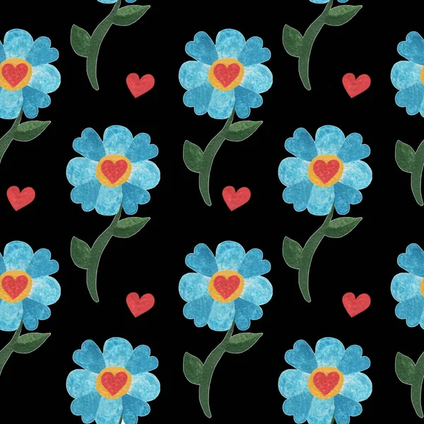 Seamless pattern with watercolor blue cute flower with heart — Stock Photo, Image