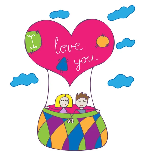 Kärlek par flyga upp på den luftballong vektor illustrationen — Stock vektor