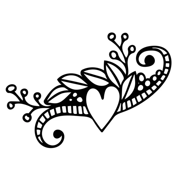Schwarze Linie florales Muster mit Herzblume und Blatt — Stockvektor