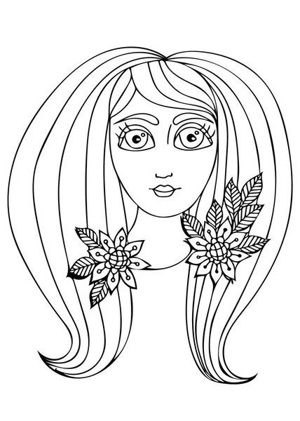 Donna illustrazione disegnata a mano vettoriale con capelli lunghi per bambino e — Vettoriale Stock