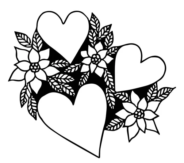 Sinal de amor com coração e flor estilo linha preta — Vetor de Stock