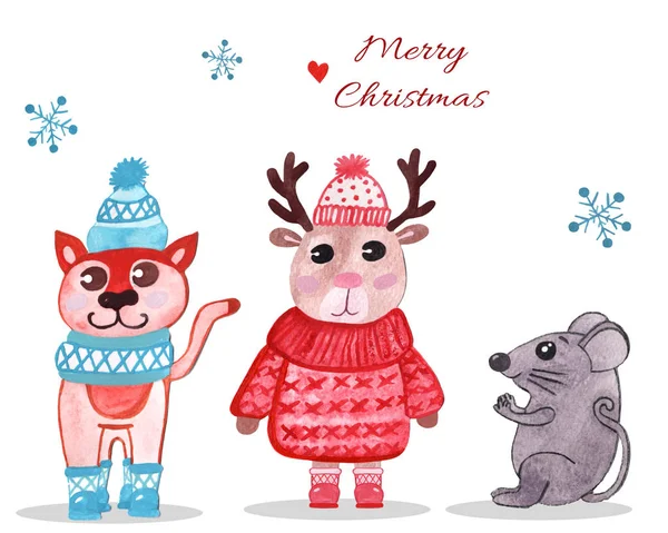 Christmas watercolor animals setwith cat, deer and rat — ストック写真