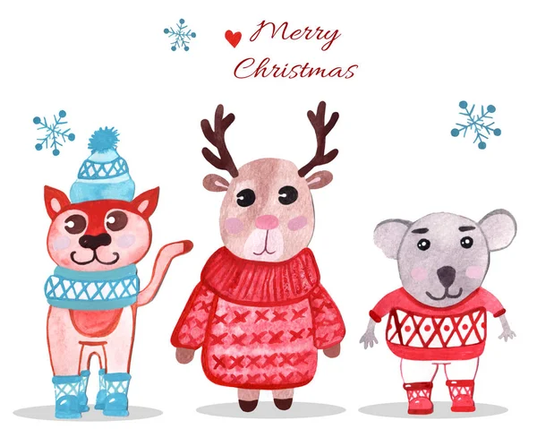 Christmas watercolor animals setwith cat, deer and rat — ストック写真