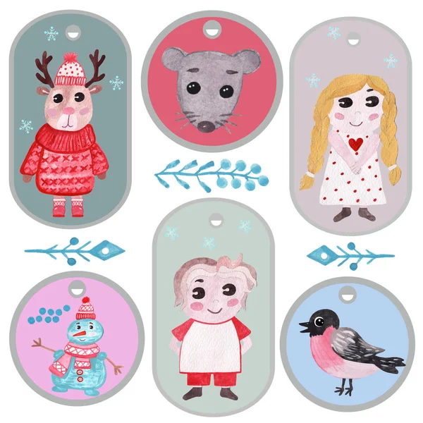 ラット、トナカイ、子供、雪だるま付きの手描き水彩カード — ストック写真