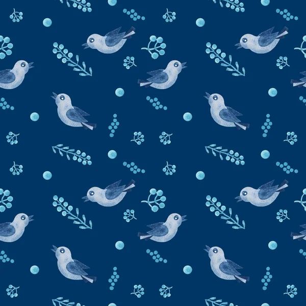 Akwarela bezszwowy wzór z niebieskim ptakiem i niebieskimi gałęziami i — Zdjęcie stockowe