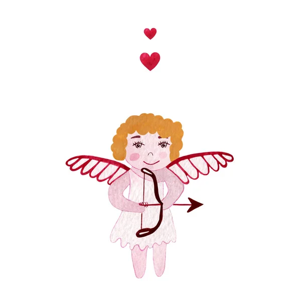 Watercolor card with Cupid and hearts isolated on white backgrou — Stock Photo, Image