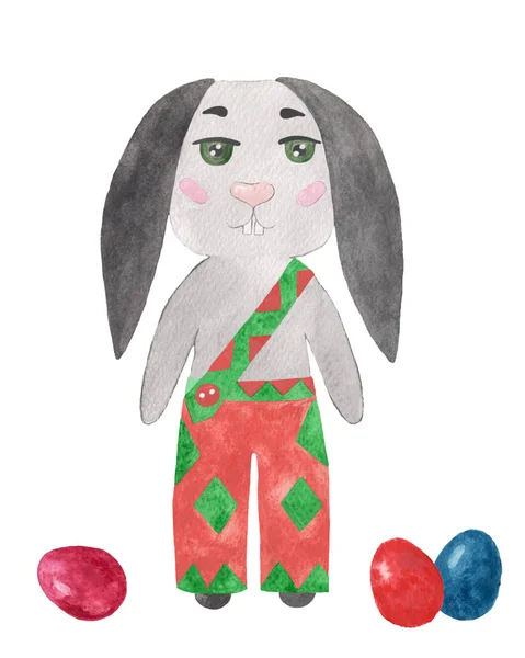 Akvarel Velikonoční zajíček s barevným vejcem — Stock fotografie