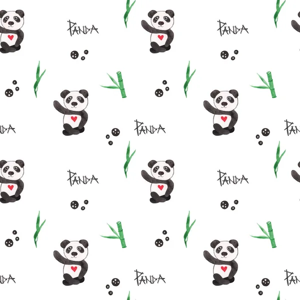 Watercolor seamless background with cute panda cartoon.