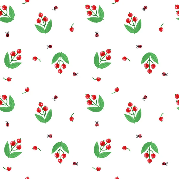 Akvarell Sömlös Mönster Med Röda Bär Och Gröna Blad Isolerade — Stockfoto