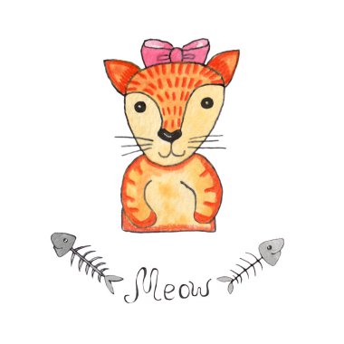 Beyaz arka planda izole edilmiş yakut kedi suluboya. Tatlı suluboya kedi. Suluboya hayvan soyutlandı.