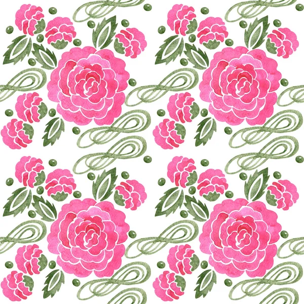 Акварель Квіткова Безшовна Рожевою Трояндою Листям Ретро Або Вінтажному Стилі — стокове фото
