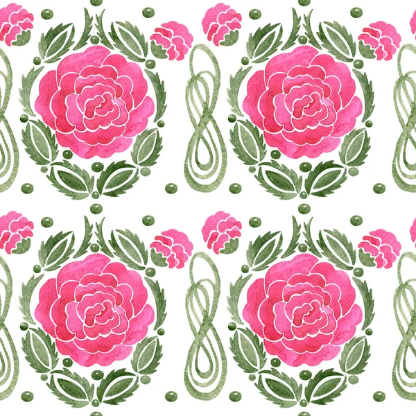 レトロまたはヴィンテージスタイルでピンクのバラと葉でシームレスに水彩花 白を背景にピンクのバラの水彩シームレス — ストック写真