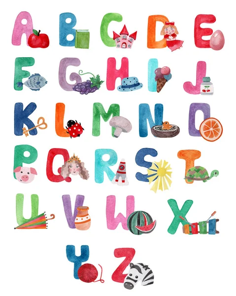 Alphabet Aquarelle Avec Des Éléments Pour Chaque Lettre Abc Collection — Photo