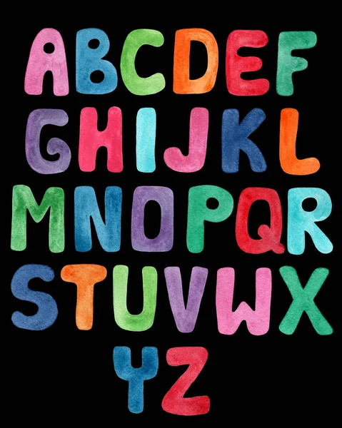 Siyah arkaplanda suluboya alfabesi. ABC suluboya.