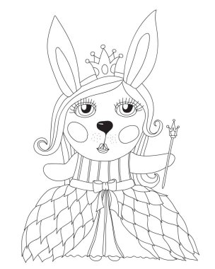 Sevimli tavşan boyama sayfası izole edilmiş. Çizgi film tavşanı elbise ve çapraz boyama sayfası.