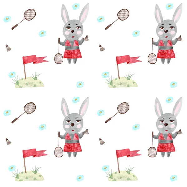 Sport Bunny Izolované Bílé Akvarel Bezešvné Akvarel Králičí Balicí Papír — Stock fotografie