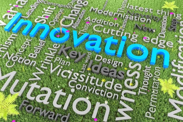 Palabras relacionadas con el concepto de innovación y tecnología en tag cloud en un entorno verde —  Fotos de Stock