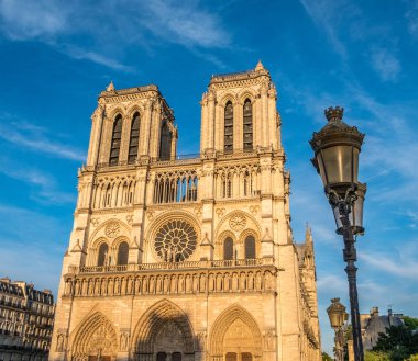 Notre-Dame de Paris sokak lambası ile yaz aylarında günbatımı