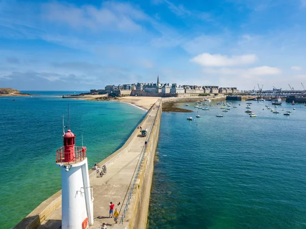 Aerial view of Saint Malo in Brittany France with a Lighthouse in the foreground — Stock Photo, Image