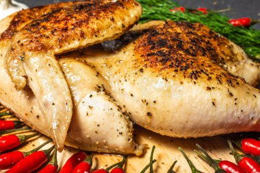 Kızarmış tavuk, kızarmış yarım tavuk, sebze, lezzetli, baharatlı, sarımsaklı ve kırmızı mini biberli.